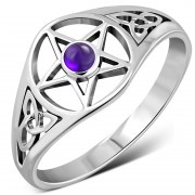 Amethyst Stone Pentacle Silver Ring, r619